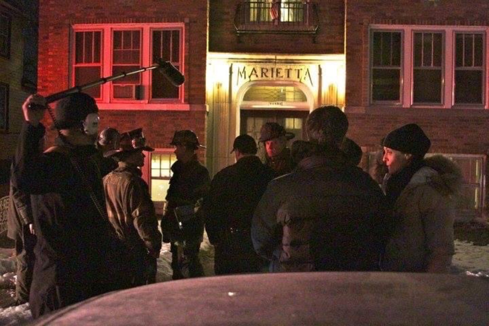 Mind Shift film crew and Detroit firefighters on a night shoot during BURN
