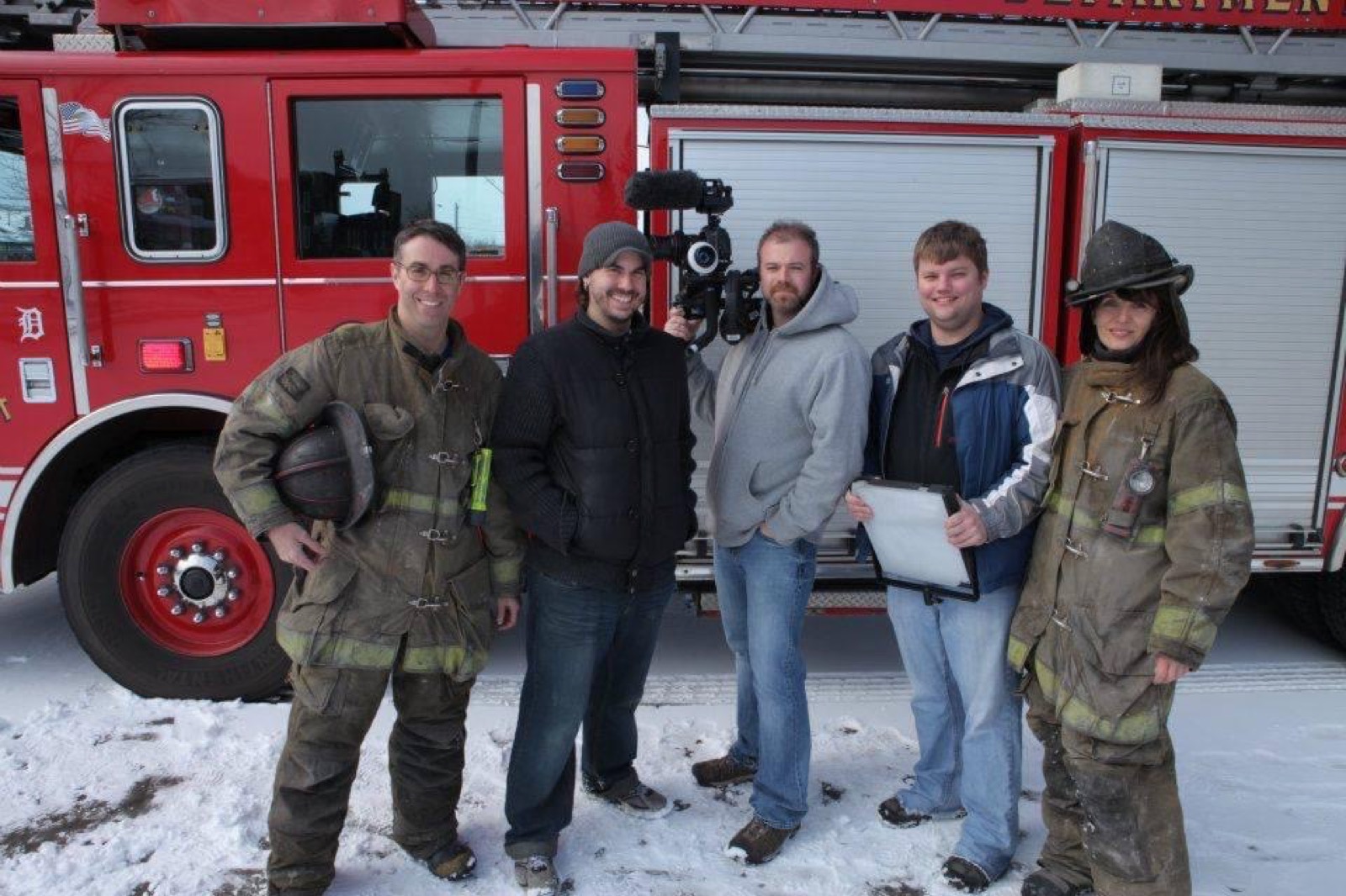 Mind Shift crew and Detroit firefighters with camera rig on the BURN shoot